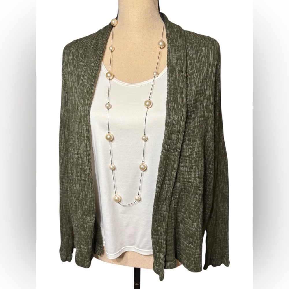 Pure Jill-Medium olive green gauzy/crinkle open front cardigan. 100% cotton. EUC
